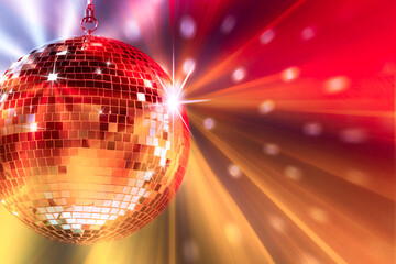 Poster - Shiny bright disco ball under color lights, space for text