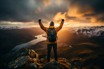 a man on top of a mountain raises his arms in victory