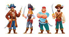 Set Of Male And Female Pirates With Weapons. Cartoon Characters Illustration