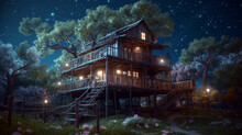 Fairy Tale House In A Tree With A Roof Intertwined. Wooden Cottage House In Night Forest