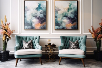 two teal chairs and two paintings, Art deco Modern Interior Design Style