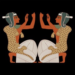 Symmetrical ethnic design with two kneeling praying ancient Egyptian men with raised hands. On black background.