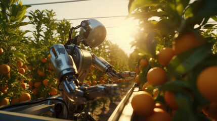 Wall Mural - A robot is picking oranges in a vast orange field.