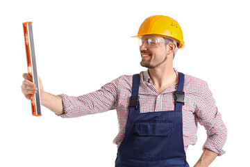 Canvas Print - Male builder with level on white background