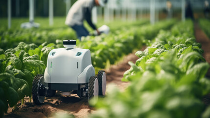 Canvas Print - Smart robotic futuristic farmers working on field Agriculture technology, Farm automation