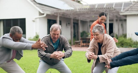 Poster - Class, coaching and health with old people and squat for support, fitness and challenge. Wellness, rehabilitation and physiotherapy with personal trainer in nursing home for energy and retirement