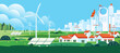 Wind Turbine and solar panel In Green Eco city Background Alternative renewable alternative Energy Source Technology banner