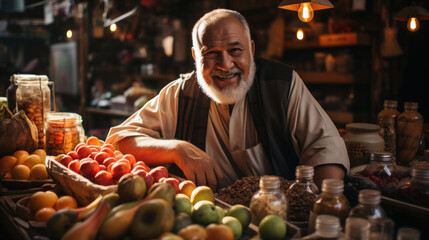 Men selling Dried food products on the arab street market stall.