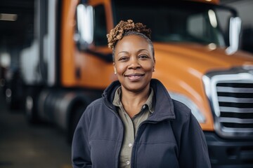 Wall Mural - Smiling portrait of a Middle aged african american female trucker standing by her truck while working for a USA trucking company