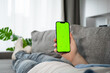 Man using smarphone with green screen lying on the couch at home. Modern technologies,social media,dating and delivery apps concept
