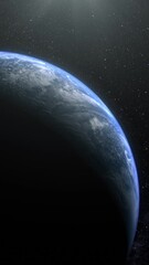 Poster - A cinematic rendering of planet Earth during sunrise as view from space with vibrant blue sky atmosphere
World map element of this clip furnished by NASA : https://visibleearth.nasa.gov/collection/148
