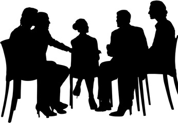 Poster - Digital png illustration of silhouettes of business colleagues in meeting on transparent background