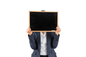 Poster - Digital png photo of caucasian businesswoman with blackboard on transparent background