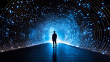 Fototapeta Przestrzenne - silhouette of a man in a light tunnel. information flow concept, illustration. Generative Ai