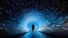 Lonely Futuristic Man Silhouette In A Futuristic Light Tunnel, Information Flow Concept, Abstract Illustration. Generative Ai