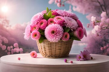 Wall Mural - pink flowers in a basket