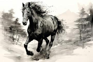 Canvas Print - Beautiful painting of a running horse. Wildlife Animals. Illustration, Generative AI.