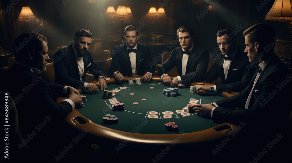 Group of mid-aged gentlemen wearing tuxedos sitting around a poker table, Enjoying a poker game.