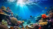 Underwater Exploration Of A Vibrant Coral Reefs And Tropical Fish. AI Generative