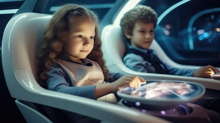 Two children are ride in a self driving car controlled by an artificial intelligence autopilot Future technologies.
