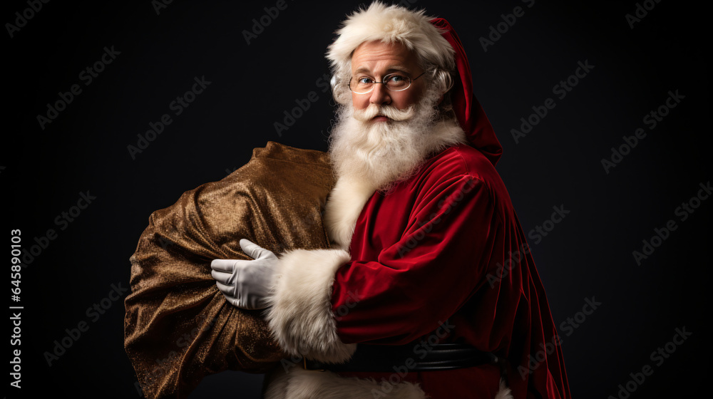 Handsome Santa Claus holding sack with gifts looking at the camera with copy space