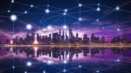Aufkleber - Digital city in Metaverse, Metaverse City Landscape Background, Purple color.