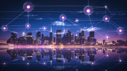 Aufkleber - Digital city in Metaverse, Metaverse City Landscape Background, Purple color.