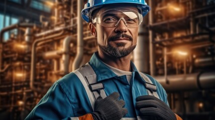 Poster - Oil industry, Engineer inspector and analyzing data on oil and gas at oil refinery industry plant.