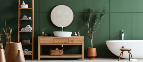 Wall Mural - Mirror and table in modern bathroom with bathtub and green wall.