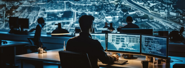 Aufkleber - Specialists Working on Desktop Computers With Big LED Screen Shows Surveillance Satellite Data Traffic Footage Reports, City Map.