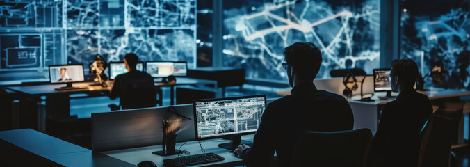 Specialists Working on Desktop Computers With Big LED Screen Shows Surveillance Satellite Data Traffic Footage Reports, City Map.