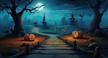 Halloween Landscape Background With Pumpkins And Full Moon In The Spooky Haunted Forest.