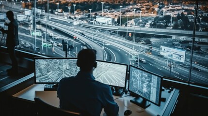 Poster - Male Software Engineers Working on Laptop with Big Screen in a Modern Monitoring Office with Live CCTV Footage with Traffic Situation At Monitoring Room.