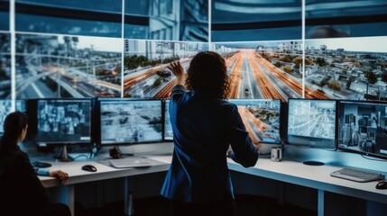 Aufkleber - Diverse Male and Female Software Engineers Discuss Live Analysis Feed with City Road and Traffic Updates in a Modern Monitoring Office.