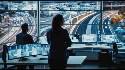 Aufkleber - Diverse Male and Female Software Engineers Discuss Live Analysis Feed with City Road and Traffic Updates in a Modern Monitoring Office.