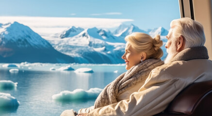 Wall Mural - Senior couple enjoying a view from their luxurious cruise suite during admiring the majestic glaciers.