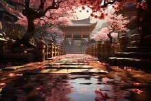 A Tranquil Shinto Shrine In Japan Surrounded By Cherry Blossoms.Generated With AI