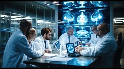 Leinwandbilder - Team of Medical Professionals Having a Meeting in a Research and Development Science Laboratory, Discussing New Trial Drug Treatment Results on Big Digital Screen.