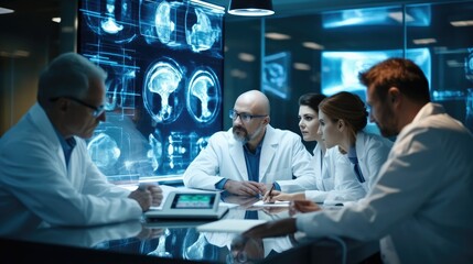 Wall Mural - Team of Medical Professionals Having a Meeting in a Research and Development Science Laboratory, Discussing New Trial Drug Treatment Results on Big Digital Screen.