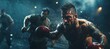 Boxing: Two fighters exchange blows in the center of a boxing ring, under the spotlight's glare. Generated with AI