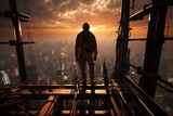 Fototapeta  - Construction Worker on Skyscraper: A construction worker balances on a high beam, overseeing a towering skyscraper project.Generated with AI