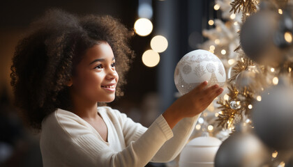 Poster - imagine high quality stock photography dark skinned child decorating a Christmas tree in white living room.