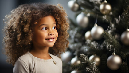 Poster - imagine high quality stock photography dark skinned child with decorated a Christmas tree in white room.