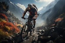 Riding Bicycle On Beautiful Mountain Trail In Morning, Cyclist On Sports Bike, Generated With AI