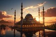 majestic mosque with a stunning minaret against a sunset backdrop.Generated with AI