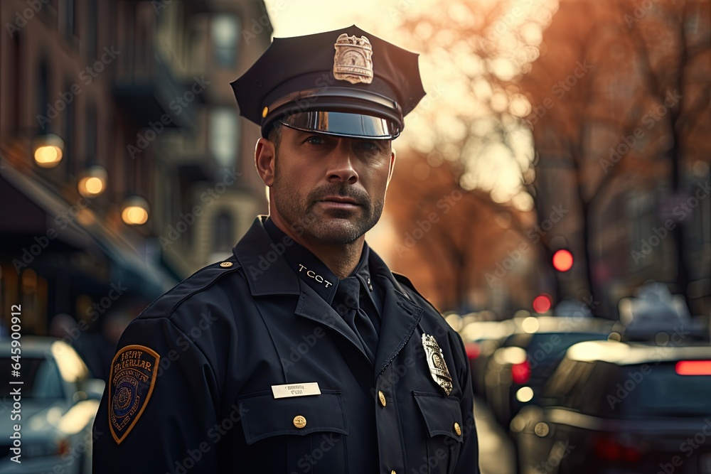 Police Officer: A police officer in uniform stands watchful on a city ...