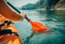 Kayak Paddle Sea Vacation. Person Paddles With Orange Paddle Oar On Kayak In Sea. Leisure Active Lifestyle Recreation Activity Rest Tourism Travel