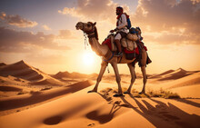 Desert Expeditions, Travelers Riding A Camel Through The Desert At The Sunset, Low Angle View