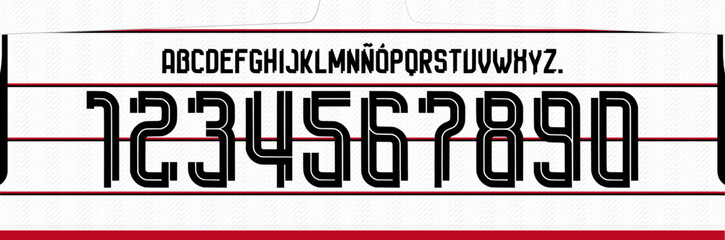 Poster - font vector team 2023 - 2024 kit sport style font. football style font with lines. flamengo away font. The Mengao. sports style letters and numbers for soccer team. league Brazil.