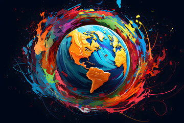 painterly planet earth globe illustration with colourful paint splashes isolated on black background